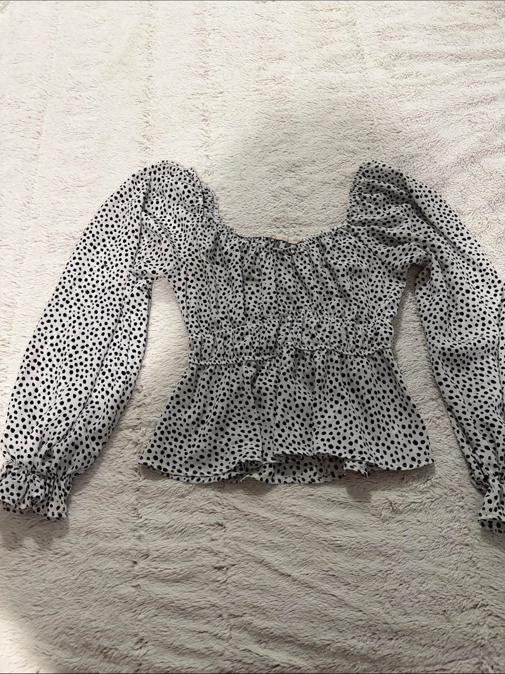 Altar'd State White Blouse with Black Dot Puff Sleeves